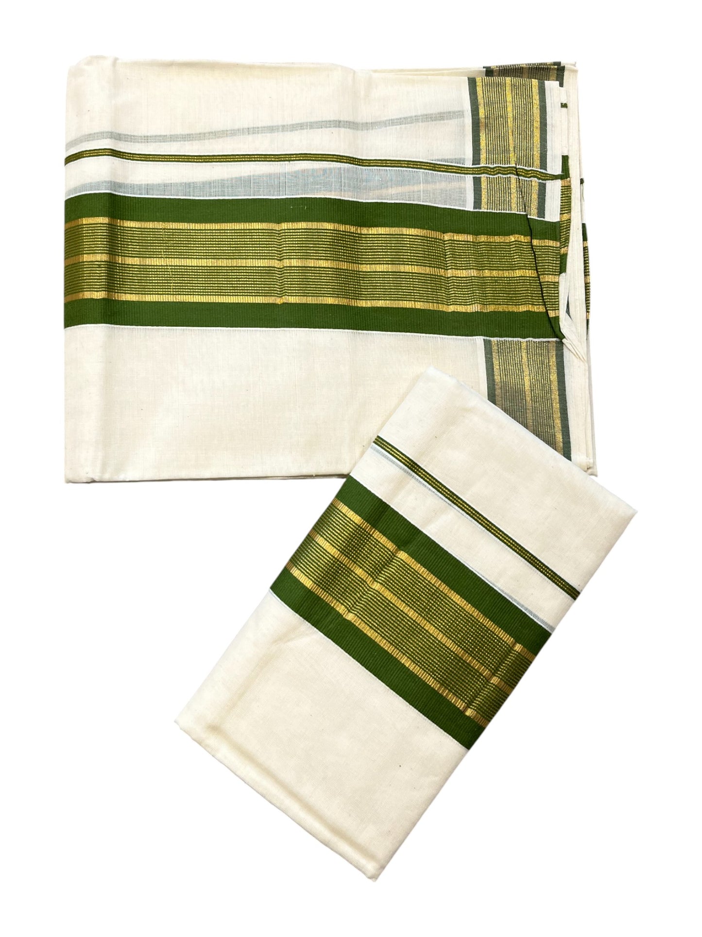 Kerala Cotton Set Mundu (Mundum Neriyathum) with Kasavu and Green Border