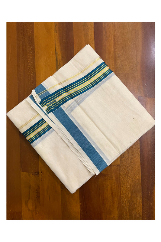 Kerala Pure Cotton Double Mundu with Teal Blue and Kasavu Lines Border (South Indian Kerala Dhoti)