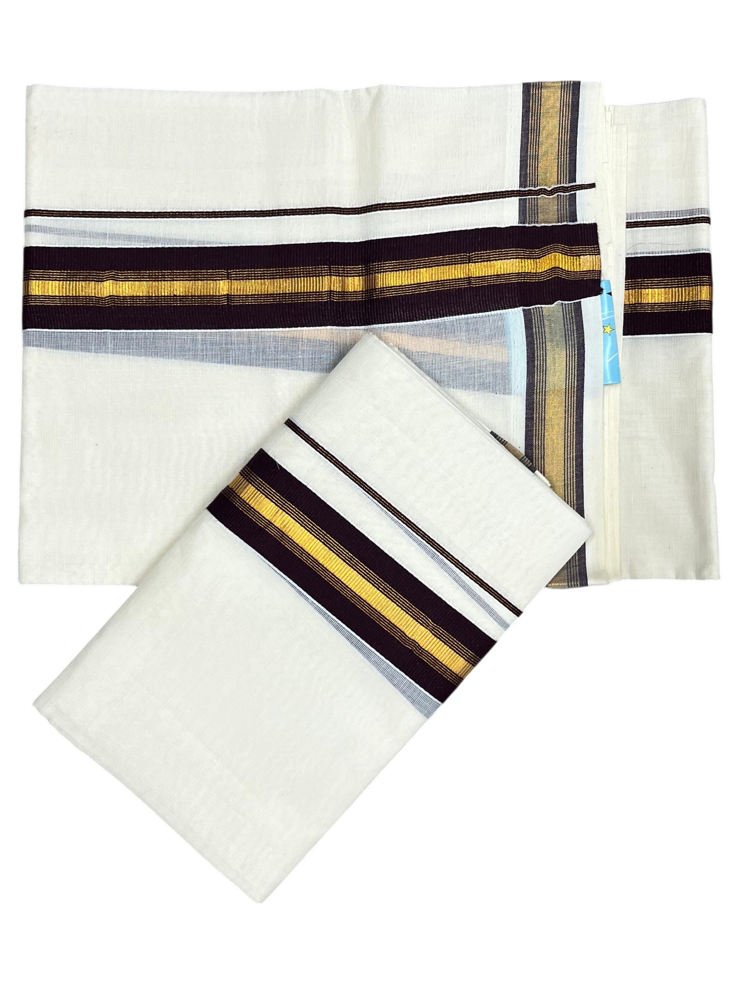 Southloom Kerala Cotton Single Set Mundu (Mundum Neriyathum) with Kasavu and Brown Border  SLKK