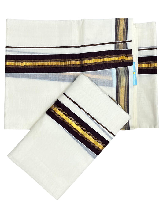 Southloom Kerala Cotton Single Set Mundu (Mundum Neriyathum) with Kasavu and Brown Border SLKK