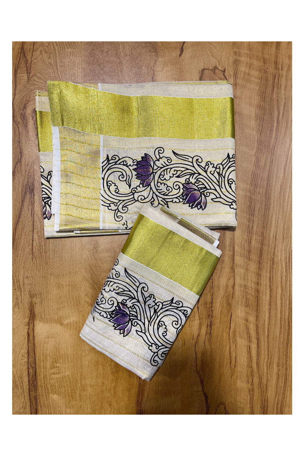 Kerala Tissue Single Set Mundu (Mundum Neriyathum) with Violet Lotus Block Printed Design 2.80Mtr