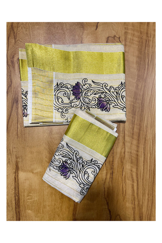 Kerala Tissue Single Set Mundu (Mundum Neriyathum) with Violet Lotus Block Printed Design 2.80Mtr