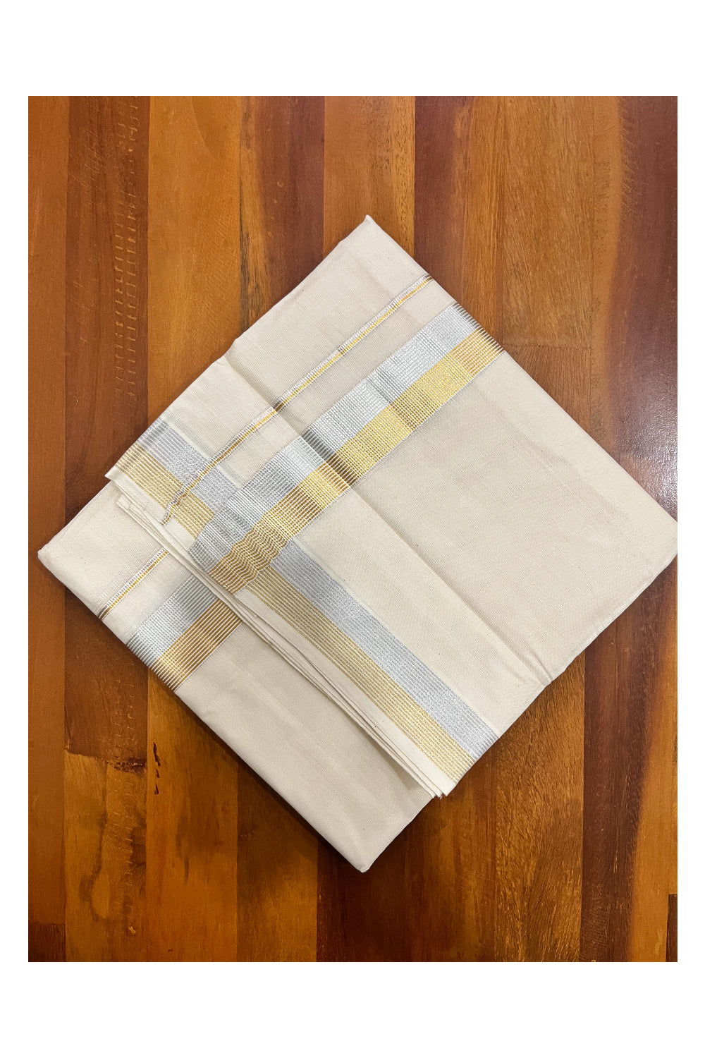 Kerala Pure Cotton Double Mundu with Silver and Golden Kasavu Border (South Indian Kerala Dhoti)