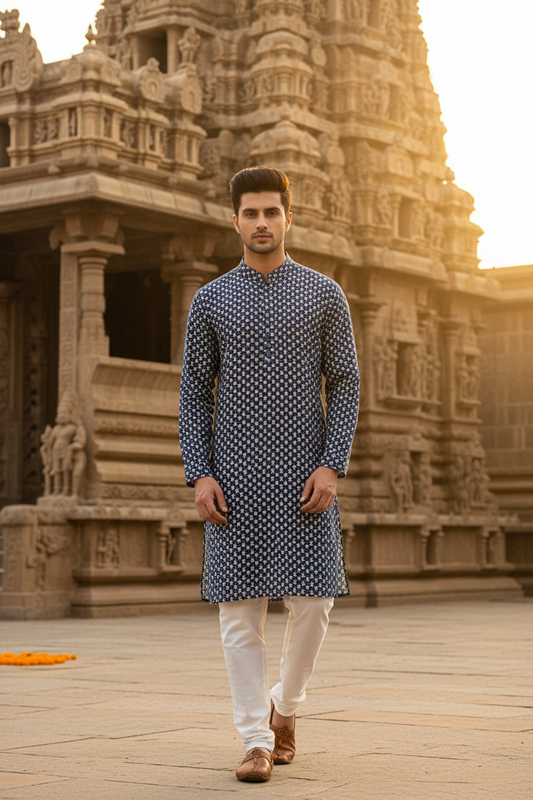 Southloom Blue Woven Patterns Semi Silk Short Kurta for Men