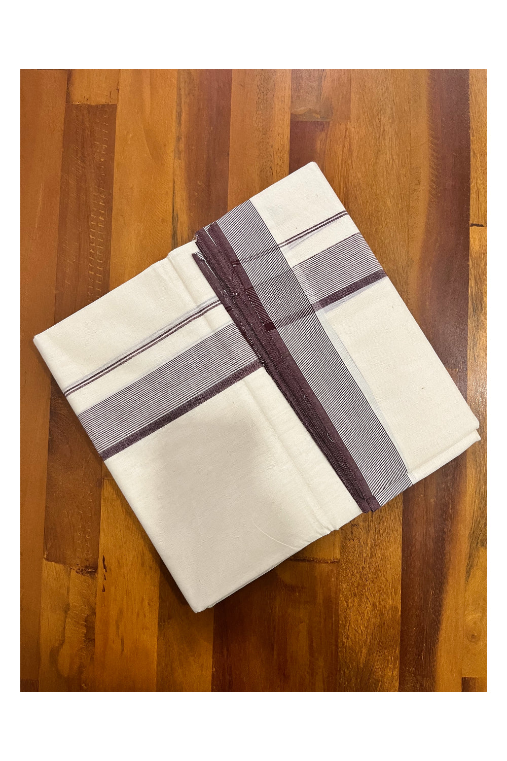 Pure Cotton 100x100 Double Mundu with Brown Line Border (South Indian Kerala Dhoti)