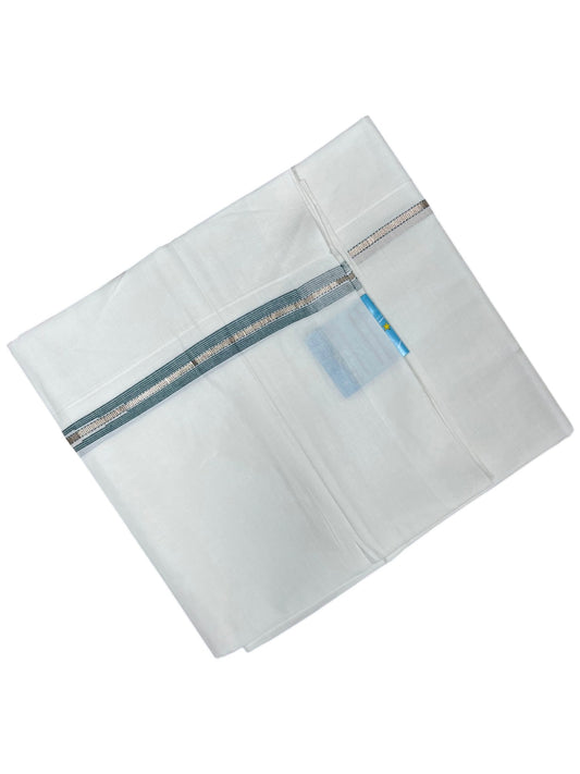 Southloom Pure White Cotton Double Mundu with Silver Lines and Green Chuttikara Border (South Indian Dhoti)