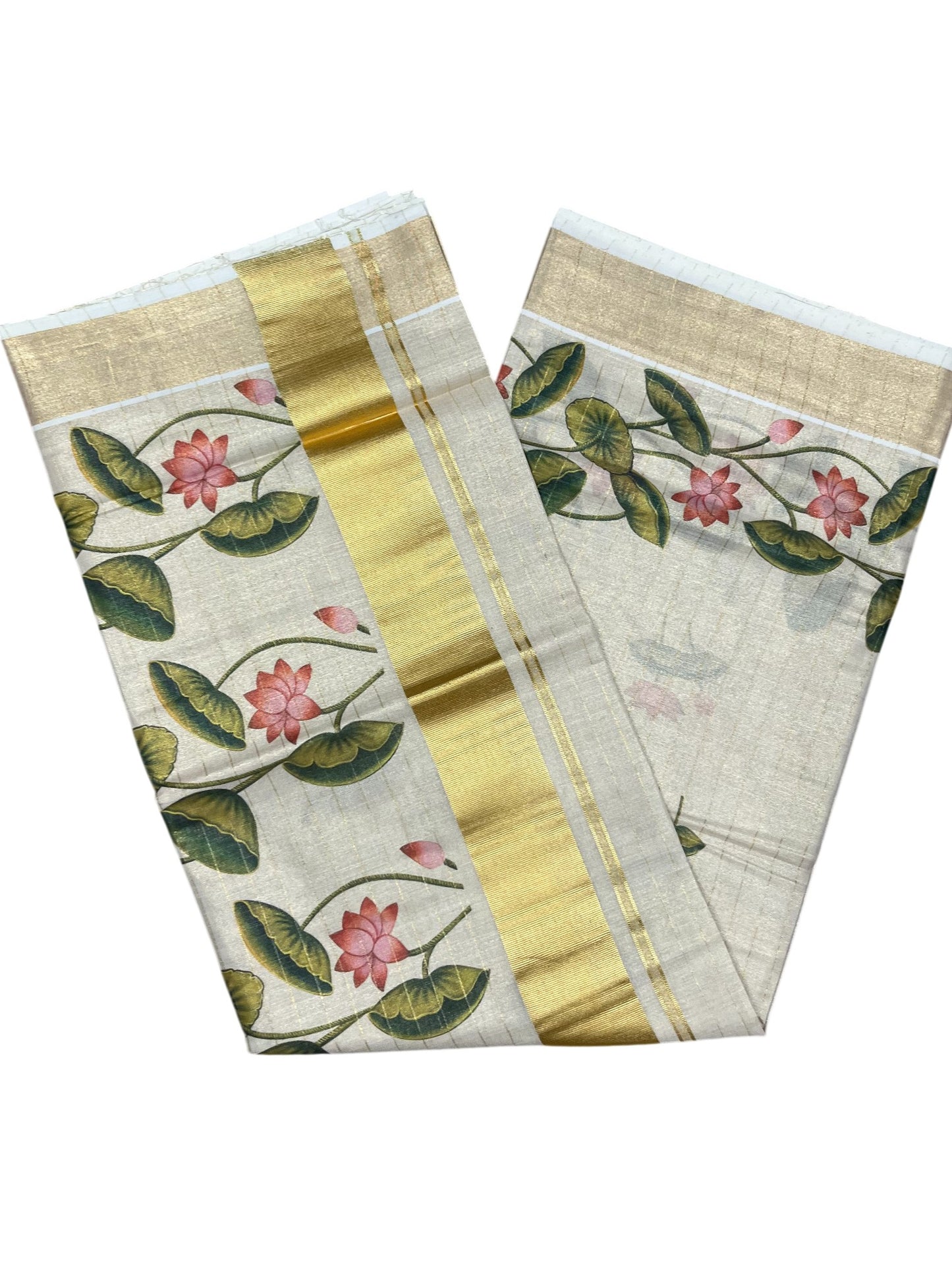 Southloom Kerala Tissue Kasavu Stripes Saree with Lotus Digital Prints on Body