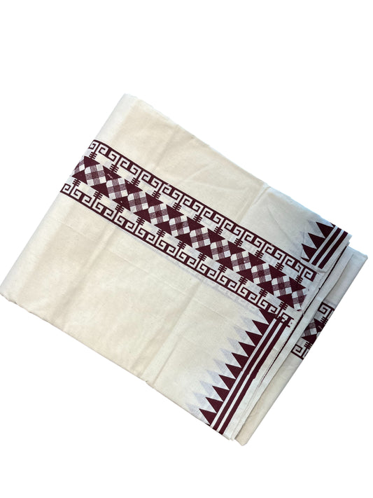 Southloom Pure Cotton Double Mundu with Block Prints on Maroon Kara (South Indian Kerala Dhoti)