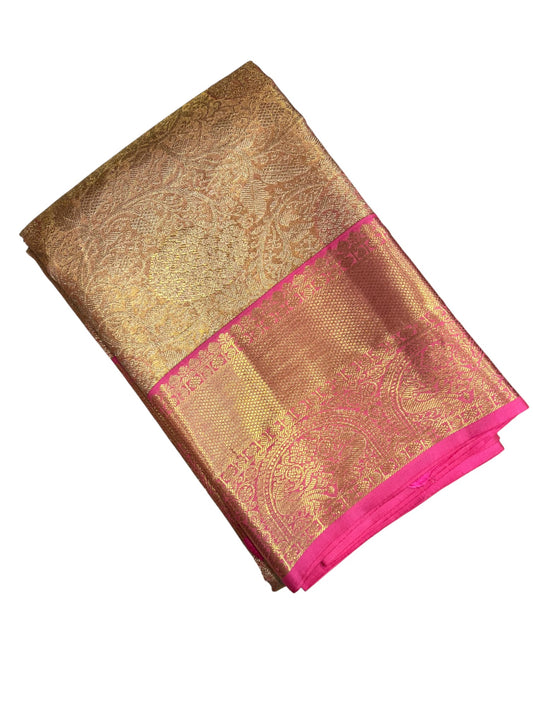 Southloom Premium Handloom Bridal Kanchipuram Silk Saree with Korvai Work (Beige & Pink)