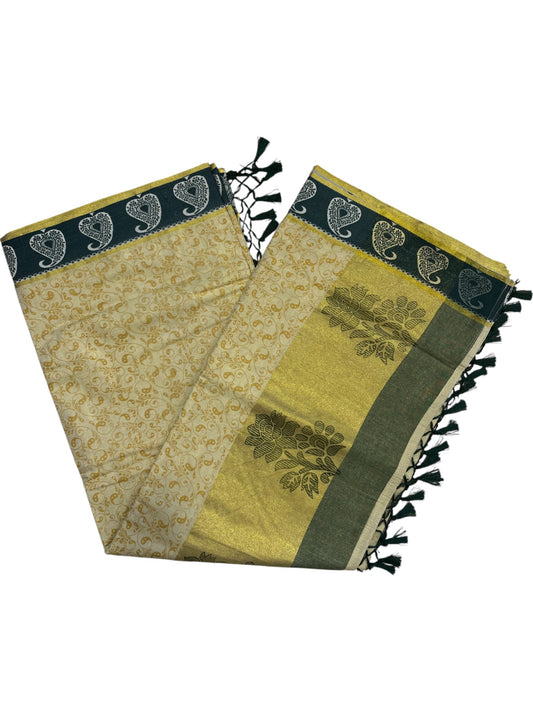 Southloom Kerala Tissue Kasavu Printed Saree with Green Floral Embroidery Works and Tassels