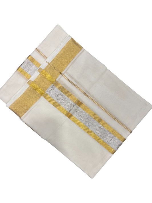 Southloom Premium Handloom Cotton Double Mundu with Gold And Silver Woven Work Kasavu Border