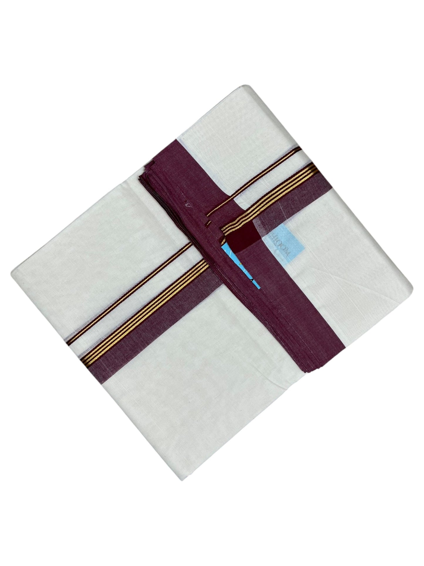 Southloom Pure Cotton Mundu with Gold Lines and Maroon Border (South Indian Kerala Dhoti)