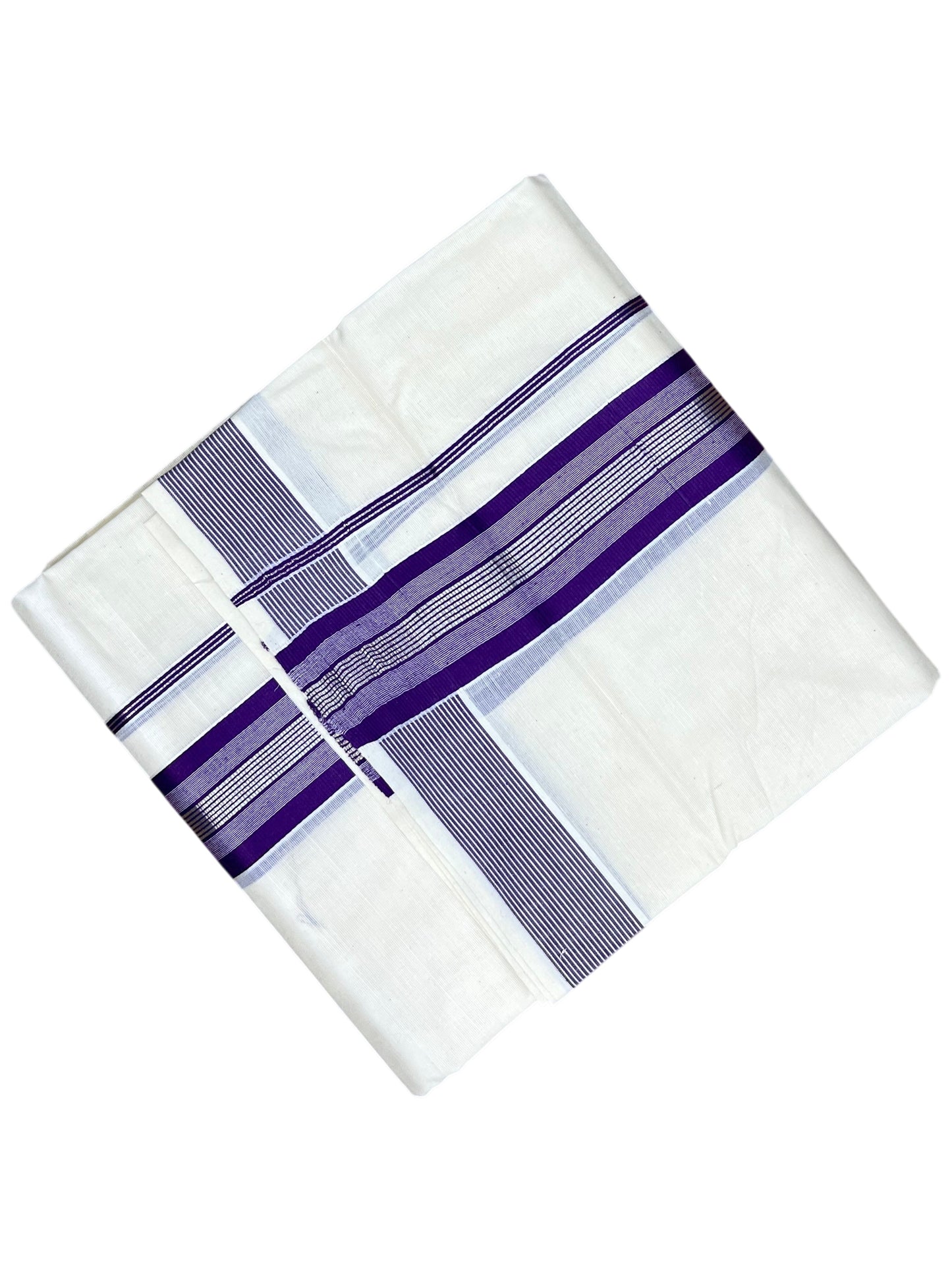 Southloom Pure Cotton Mundu with Silver Lines and Violet Border (South Indian Kerala Dhoti)