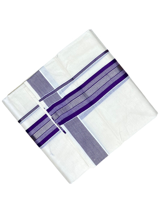 Southloom Pure Cotton Mundu with Silver Lines and Violet Border (South Indian Kerala Dhoti)