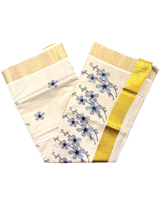 Southloom Kerala Tissue Kasavu Saree with Lavendar Floral Embroidery on Body and Border