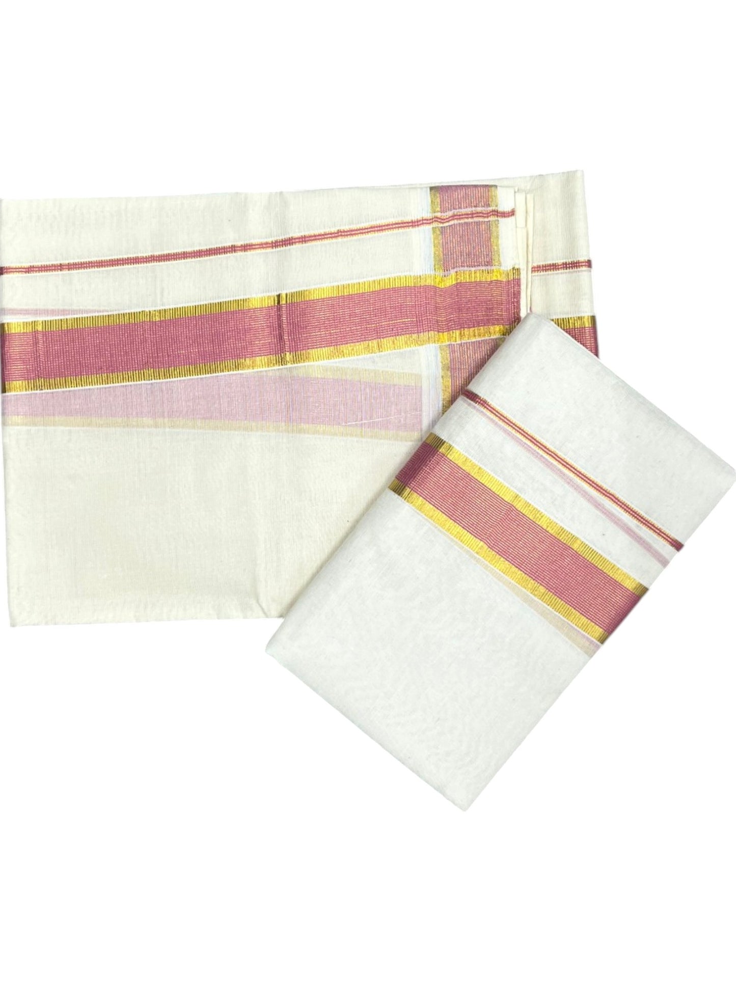 Southloom Pure Cotton Kerala Kasavu Set Mundu (Mundum Neriyathum) Kasavu & Light Pink Border in 2.80 Mtrs SLKK SL470