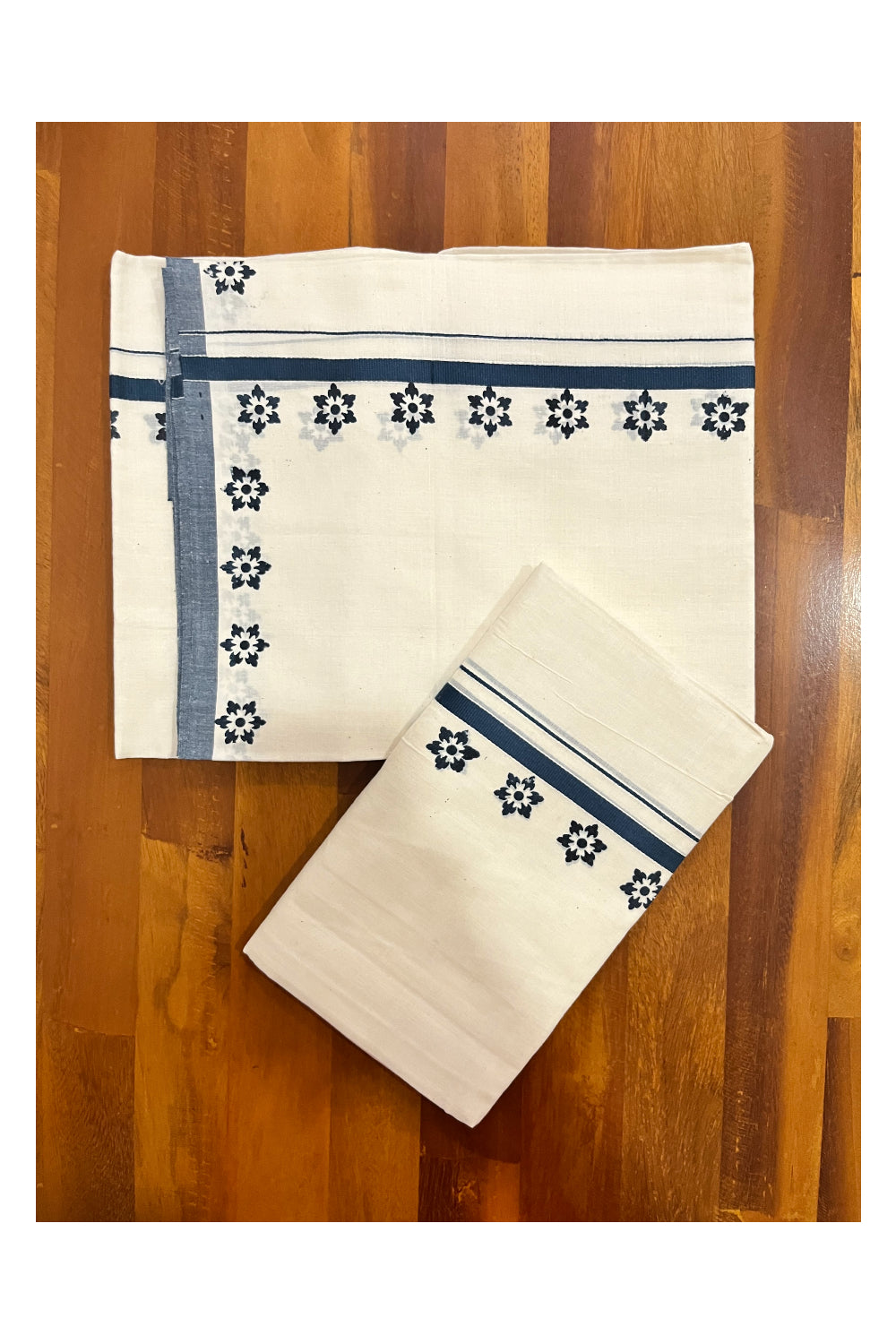 Kerala Pure Cotton Set Mundu Single (Mundum Neriyathum) with Dark Blue Floral Block Prints