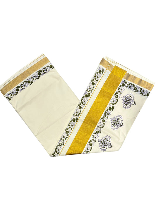 Southloom Cotton Kerala Kasavu Saree with Green Block Prints On Border