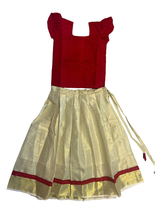 Southloom Kerala And Red Tissue Kasavu Pavada Blouse with Embroidery Work for Kids (Age 5)