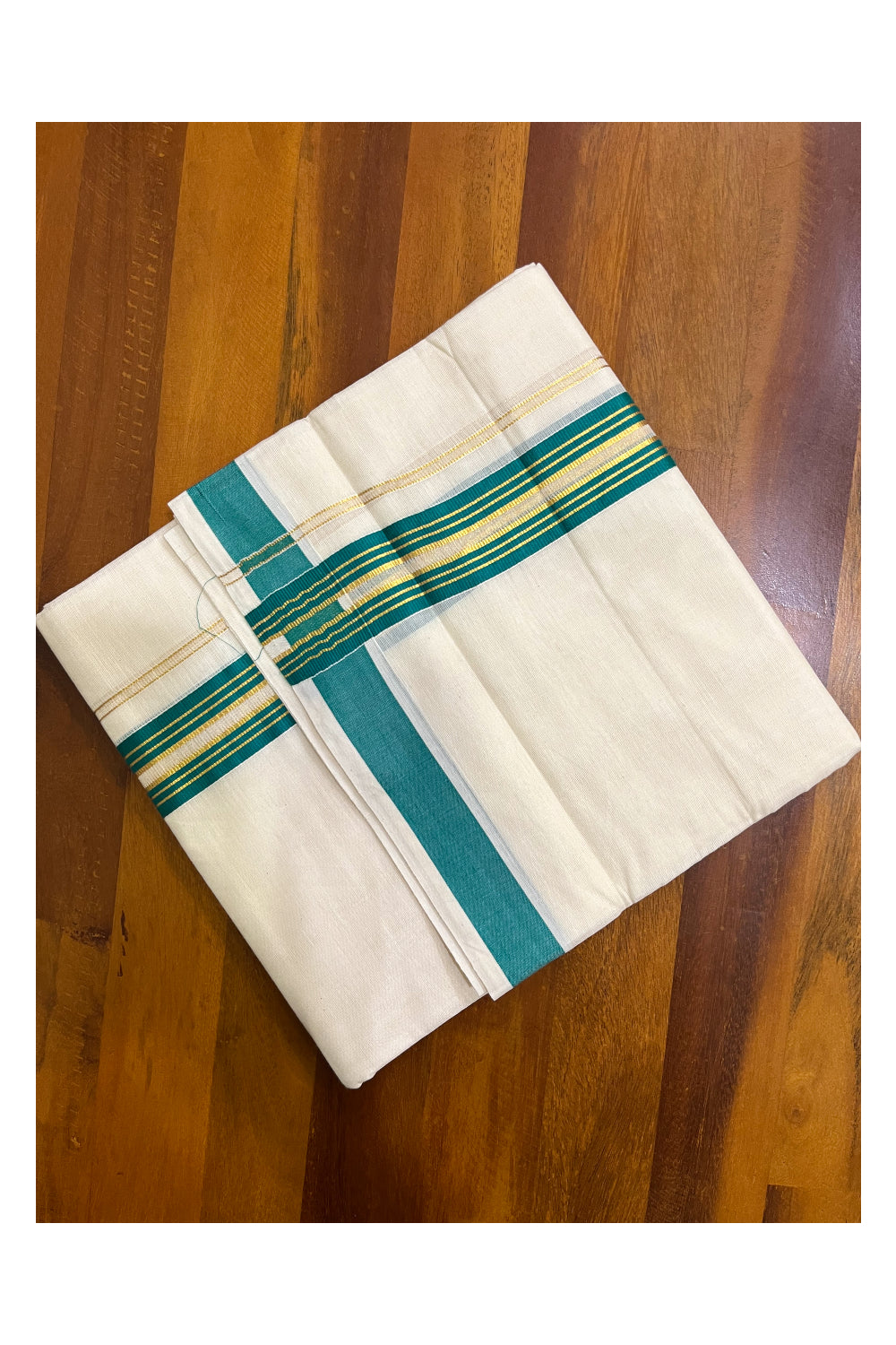 Kerala Pure Cotton Double Mundu with Green and Kasavu Lines Border (South Indian Kerala Dhoti)