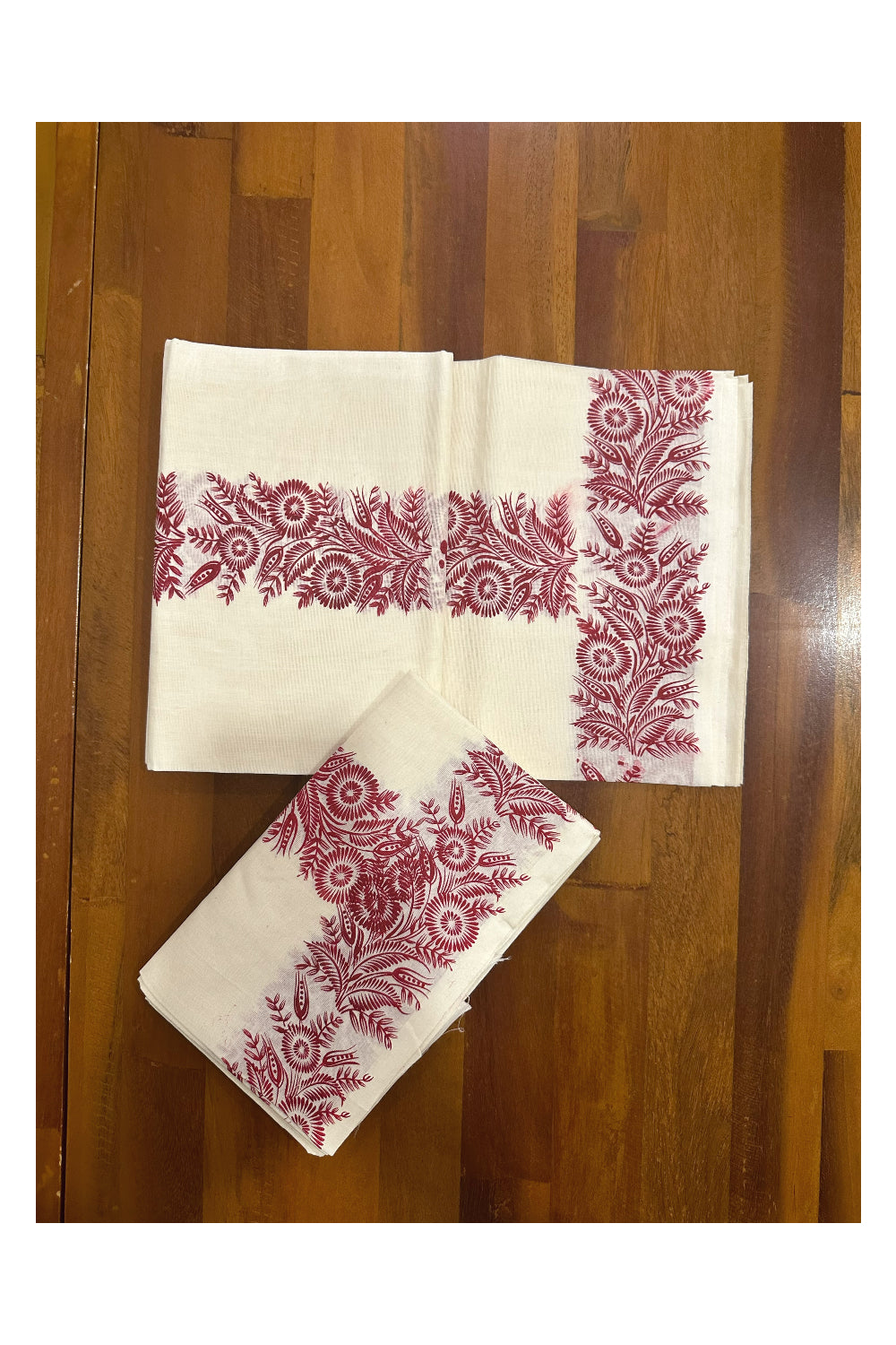 Kerala Cotton Set Mundu (Mundum Neriyathum) with Maroon Floral Block Printed Border (Onam Set Mundu 2023)