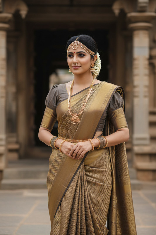 Southloom Premium Semi Silk Zari Work Brocade Saree in Bridal Gray with Matching Pallu