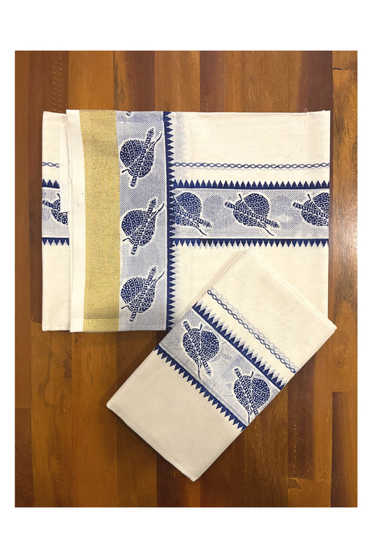 Cotton Kerala Single Set Mundu with Blue Leaf Block Prints on Border