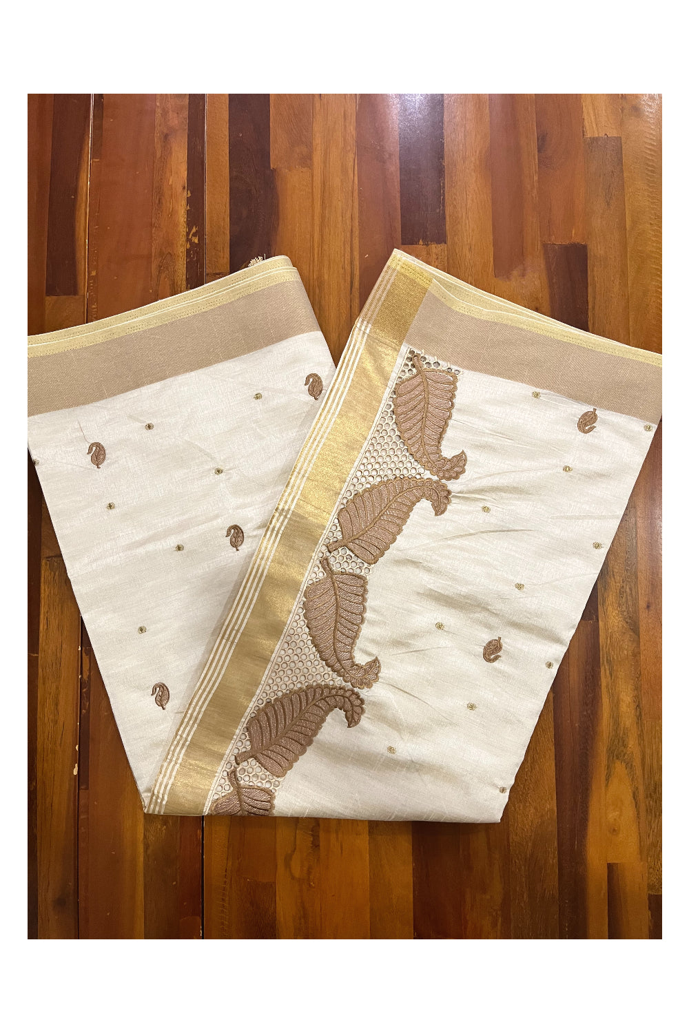 Southloom Light Brown Sequins Cotton Saree with Hacoba Leaf Designs on Munthani