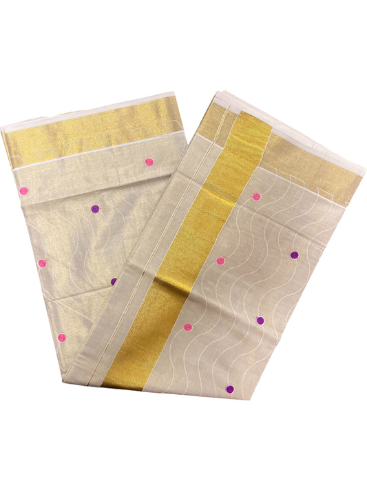 Kerala Tissue Kasavu Saree with Pink and Purple Polka with Embroidery Works