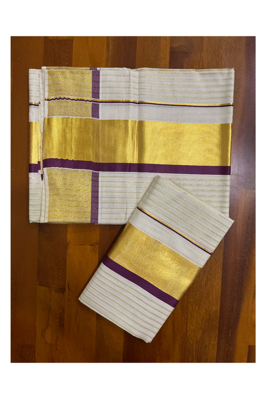 Kerala Cotton Set Mundu (Mundum Neriyathum) with Kasavu Lines on Body and Purple Border 2.80 Mtrs