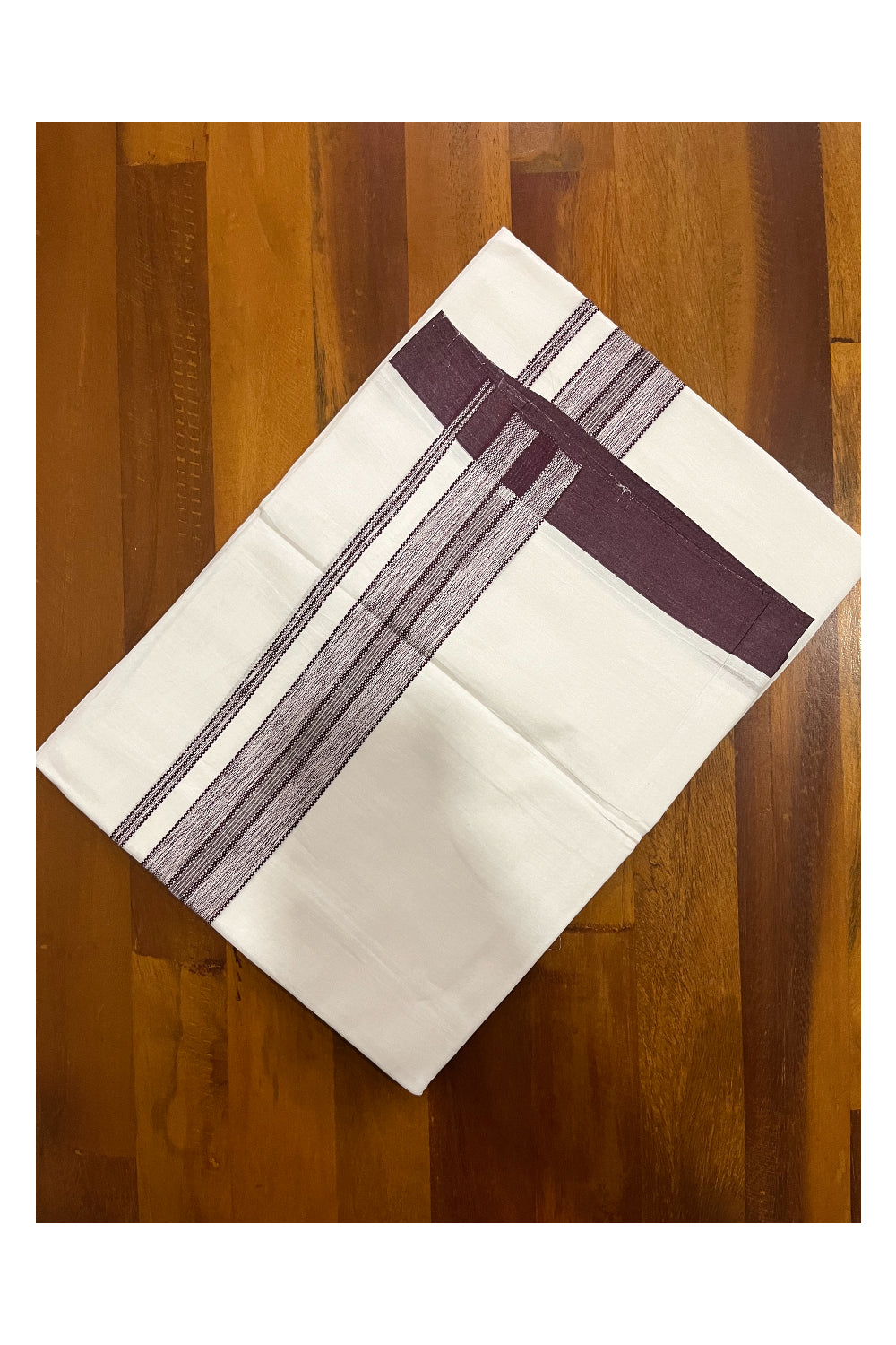 Pure White Cotton Double Mundu with Purple Border (South Indian Kerala Dhoti)