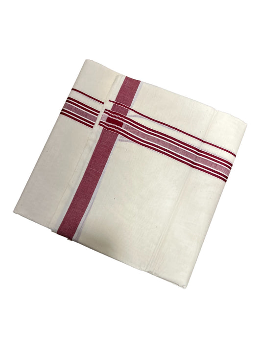 Southloom Pure Cotton Double Mundu With White Lines & Maroon Border (South Indian Kerala Dhoti)