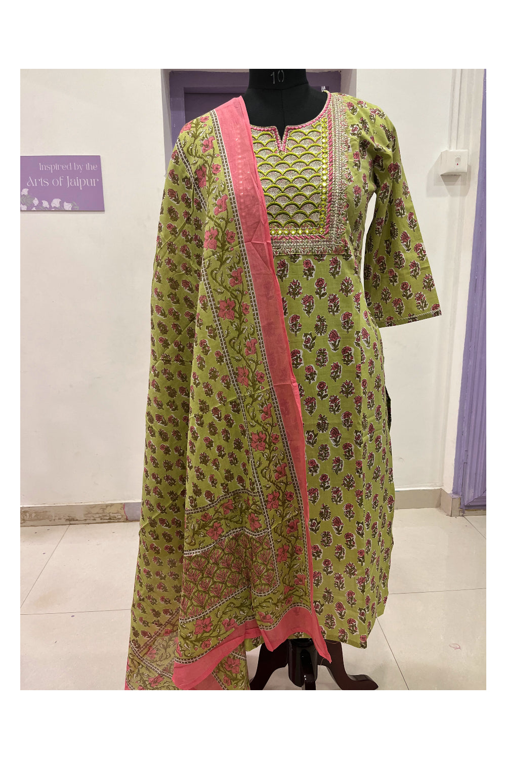 Southloom Stitched Cotton Salwar Set with Green Floral Prints and Sequins Works on Yoke