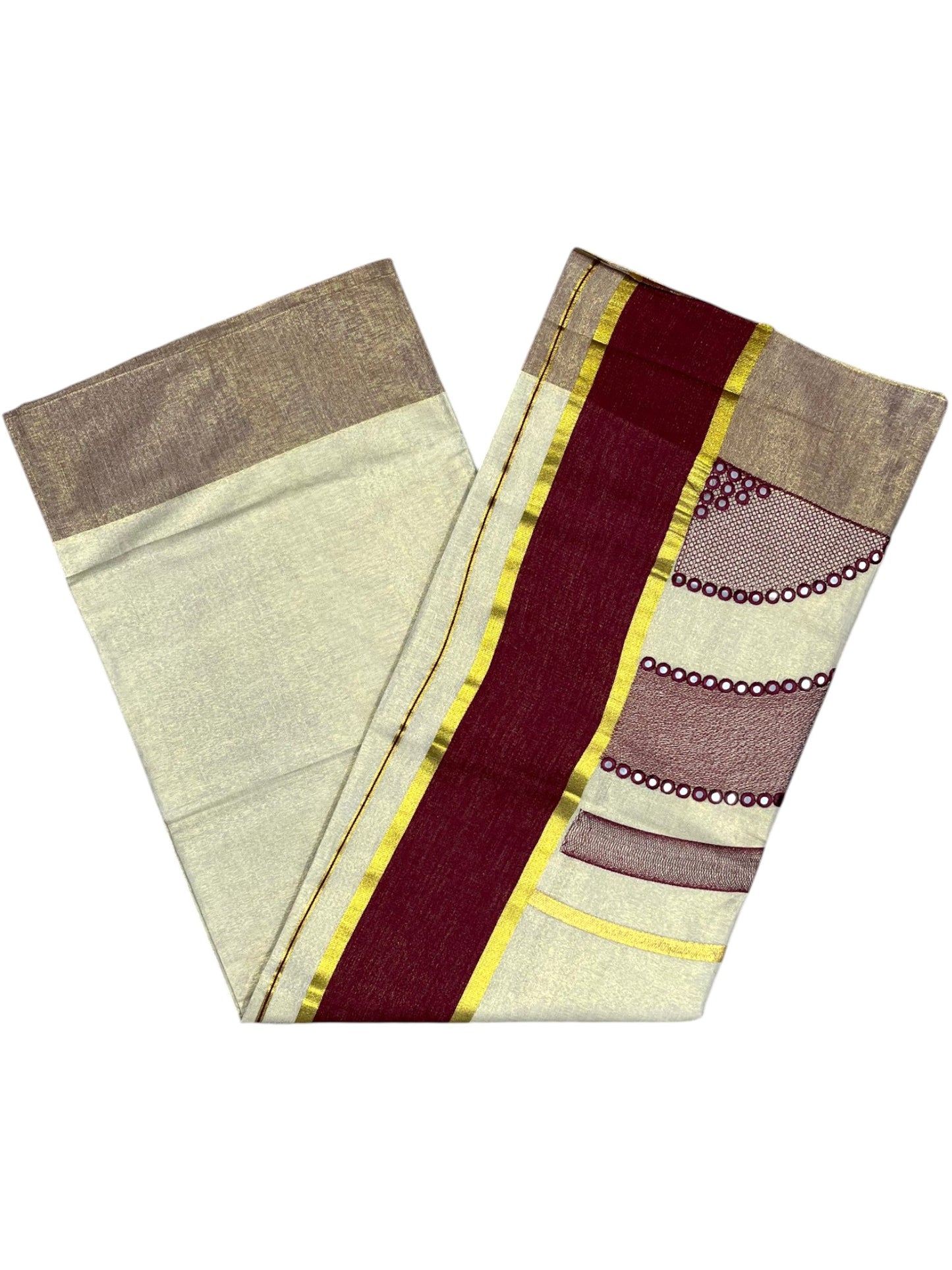 Southloom Kerala Tissue Kasavu Saree with Maroon Mirror Work