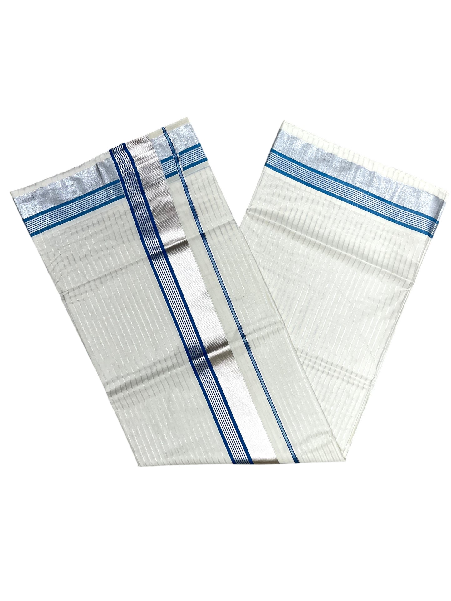 Southloom Pure Cotton Kerala Silver Kasavu Lines Saree with Blue and Silver Border
