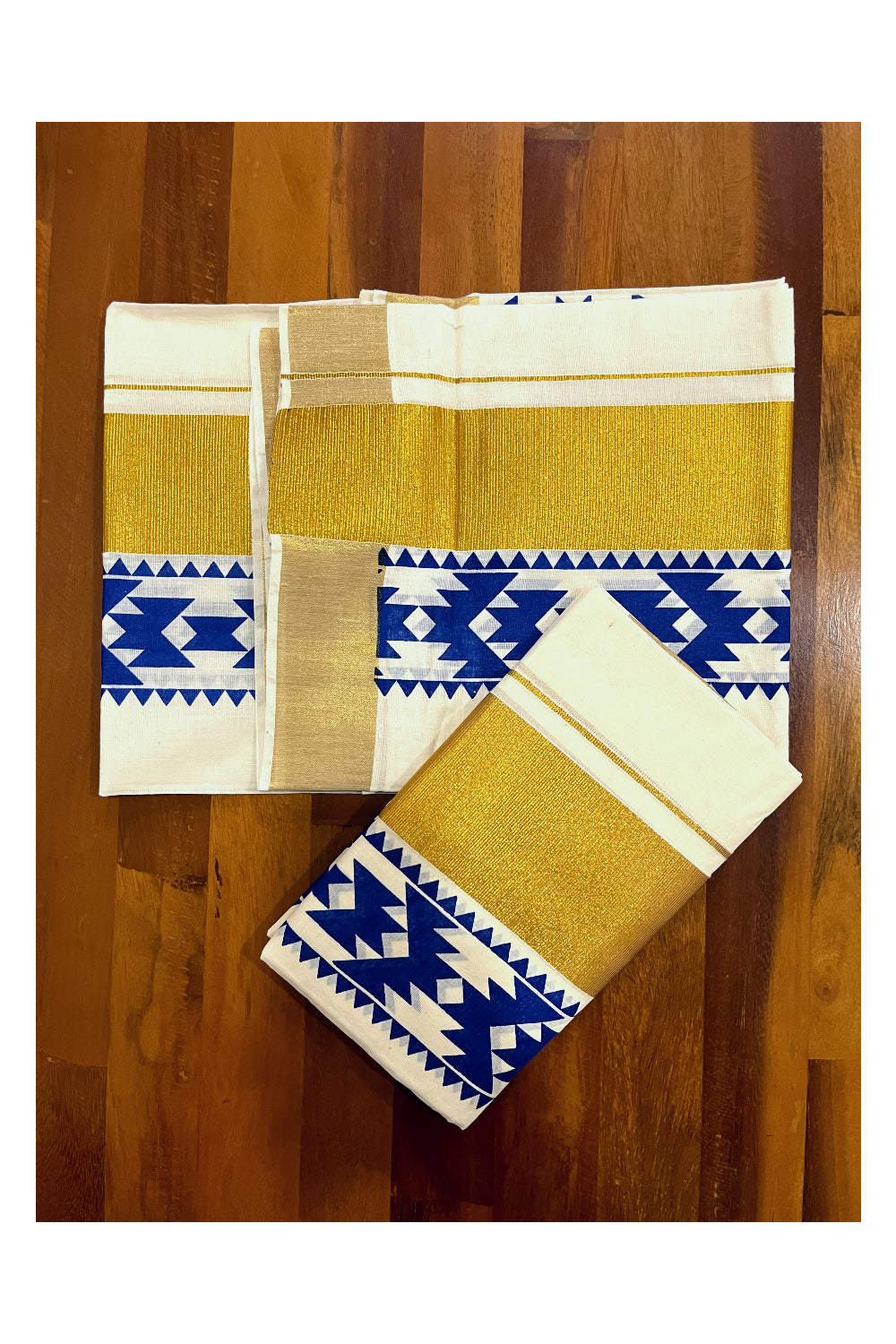 Pure Cotton Kerala Single Set Mundu (Mundum Neriyathum) with Blue Block Printed Kasavu Border