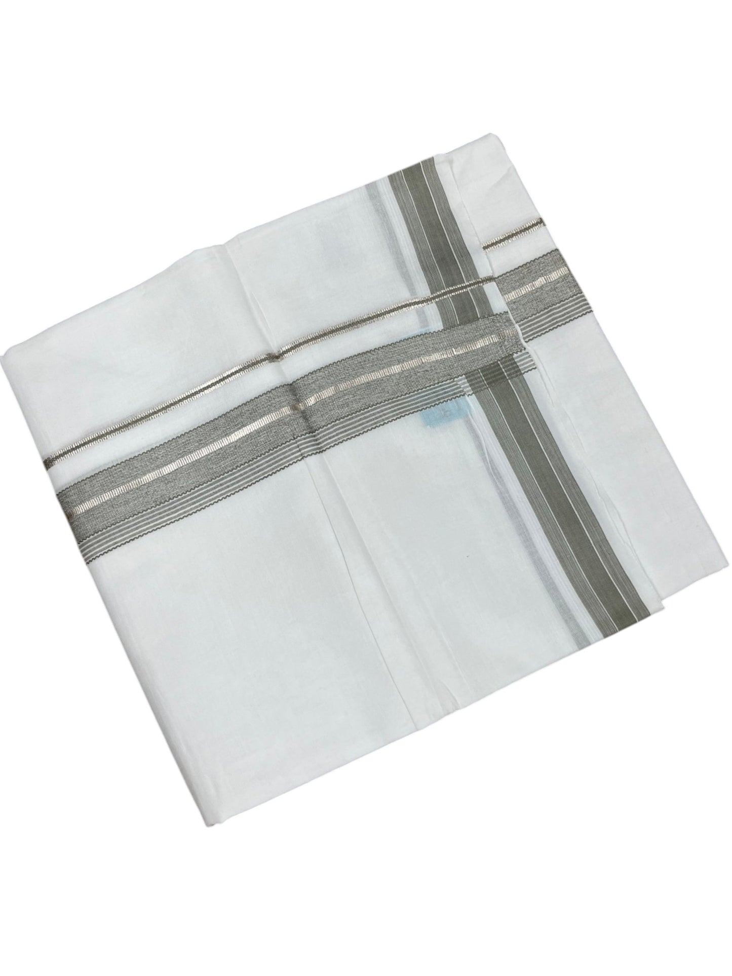 Southloom Kerala Pure White Cotton Double Mundu with Silver Line & Olive Green Border (South Indian Dhoti)