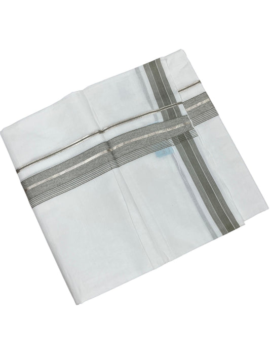 Southloom Kerala Pure White Cotton Double Mundu with Silver Line & Olive Green Border (South Indian Dhoti)