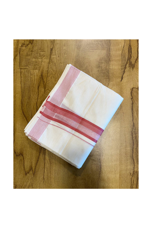 Pure Cotton Mundu with White  Lines and Pink Border (South Indian Kerala Dhoti)