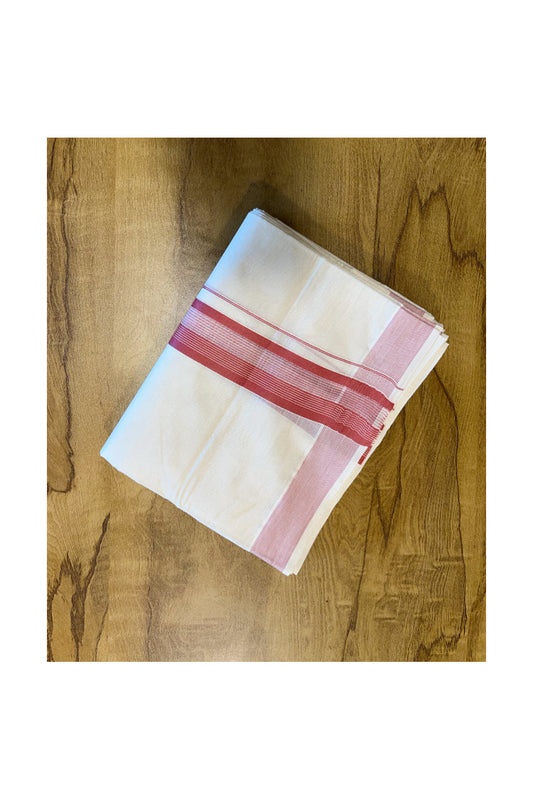 Pure Cotton Mundu with White Lines and Brick Red Border (South Indian Kerala Dhoti)
