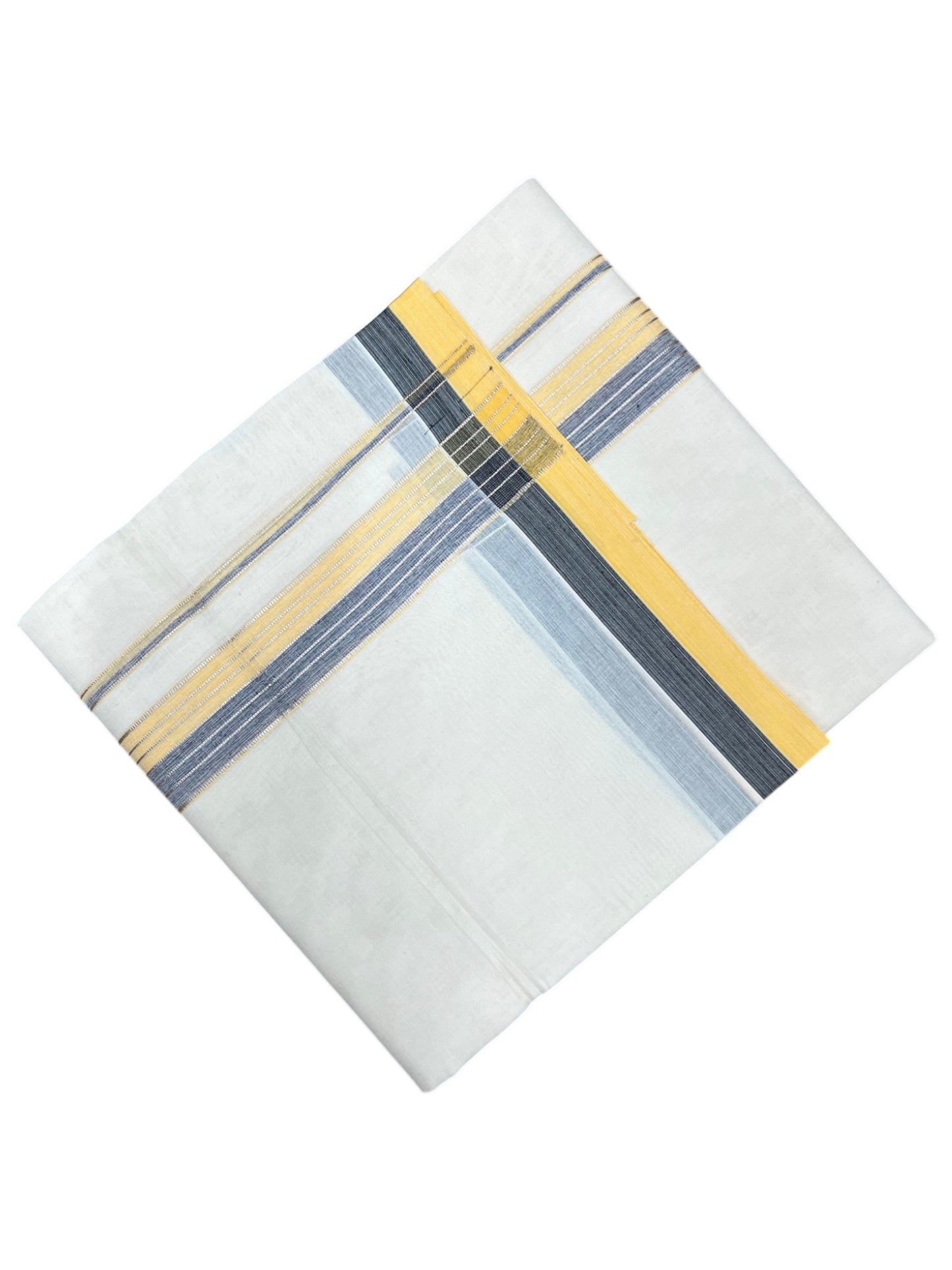 Southloom Kerala Pure Cotton Double Mundu with Grey Lines and Yellow Border with (South Indian Dhoti)