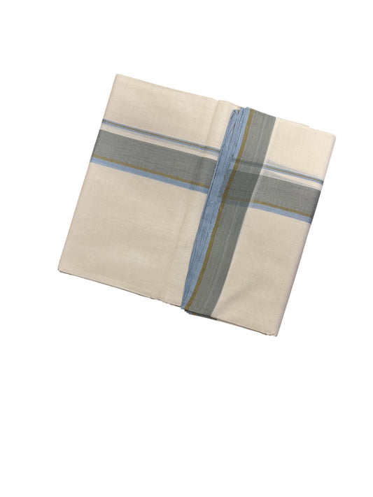 Southloom Premium Handloom Cotton Double Mundu with Blue Grey Border
