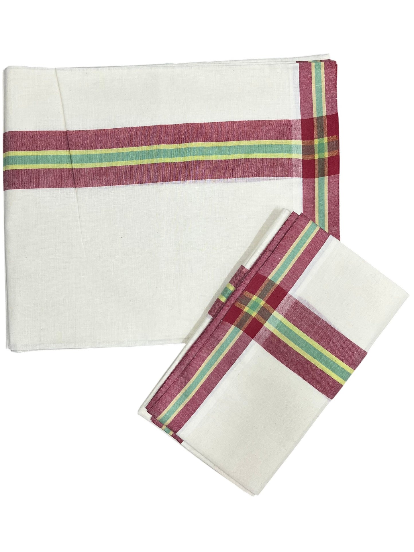 Southloom Kerala Mulloth Cotton Single Mundum Neriyathum with Red and Yellow Border