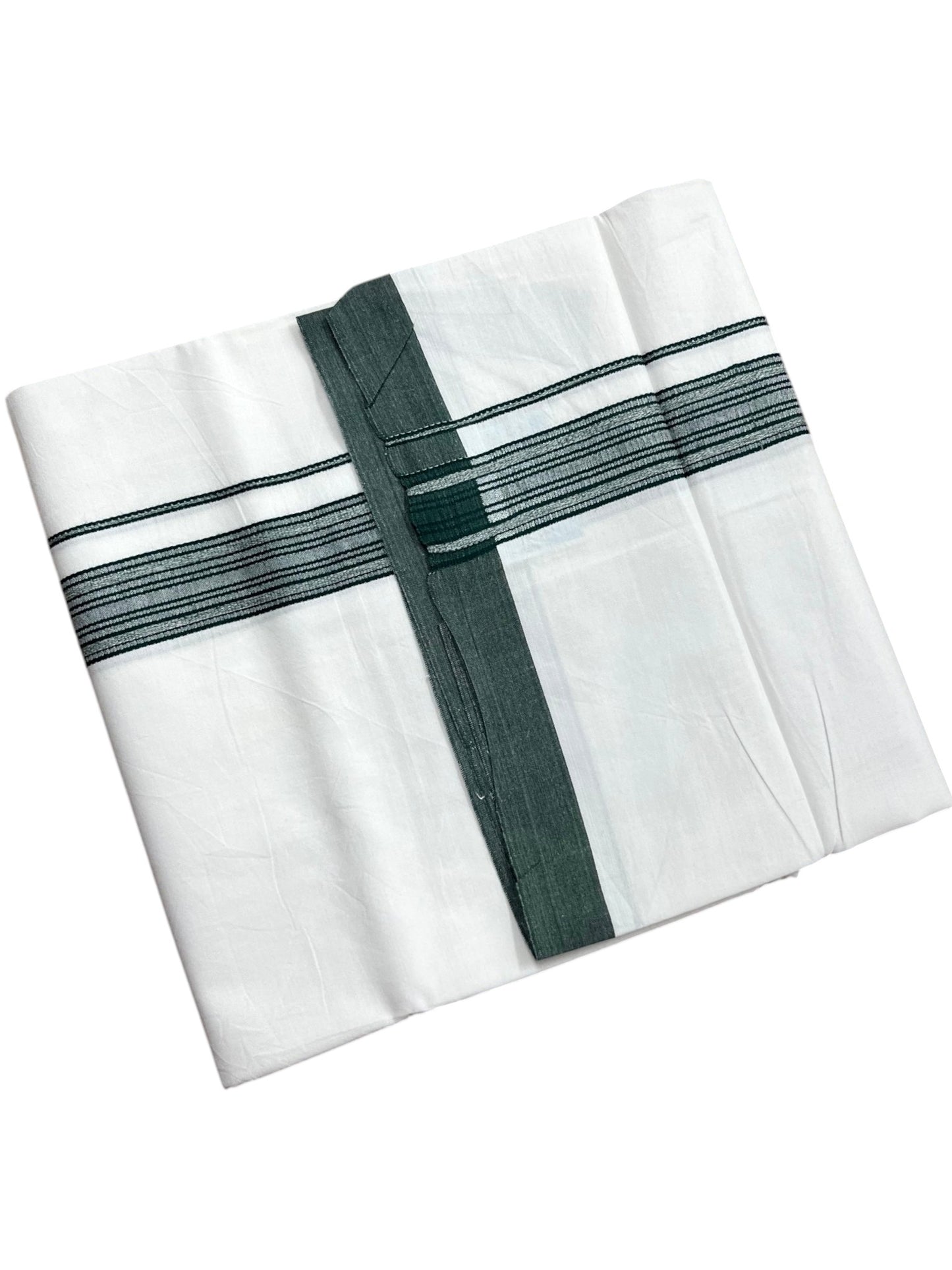 Southloom Pure White Cotton Mundu with Green Lines Border (South Indian Kerala Dhoti)