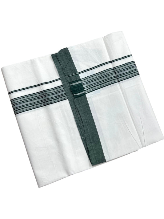 Southloom Pure White Cotton Mundu with Green Lines Border (South Indian Kerala Dhoti)