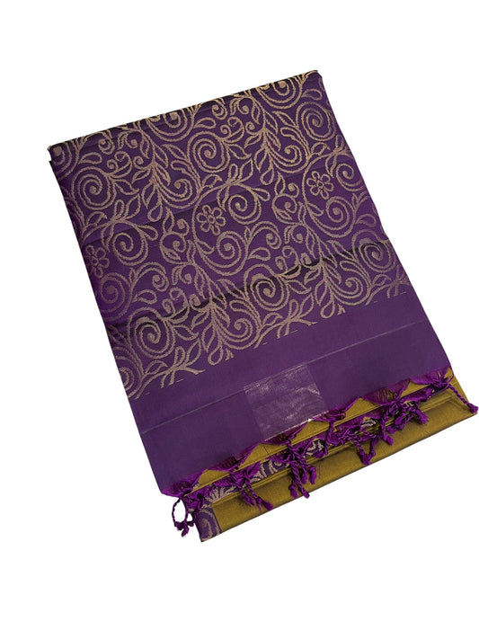 Southloom Pure Handloom Bridal Kanchipuram Silk Saree with Korvai Work (Violet & Yellow)