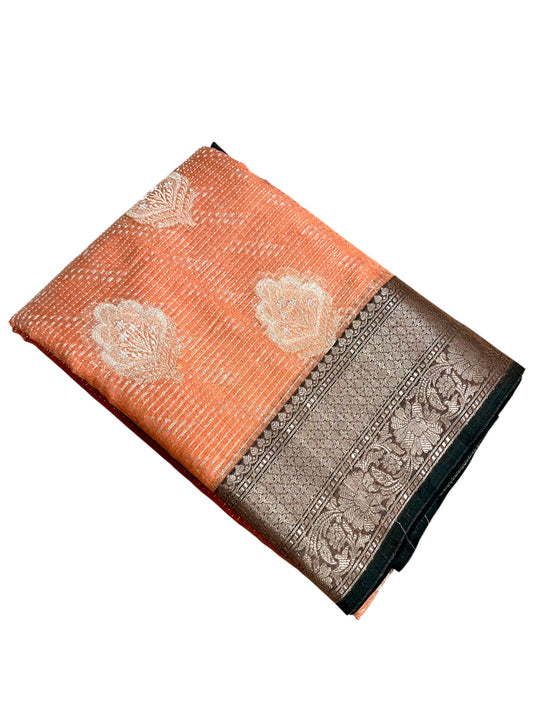 Southloom Tissue Banarasi Silk Saree with Woven Work on Body and Borders (Peach)