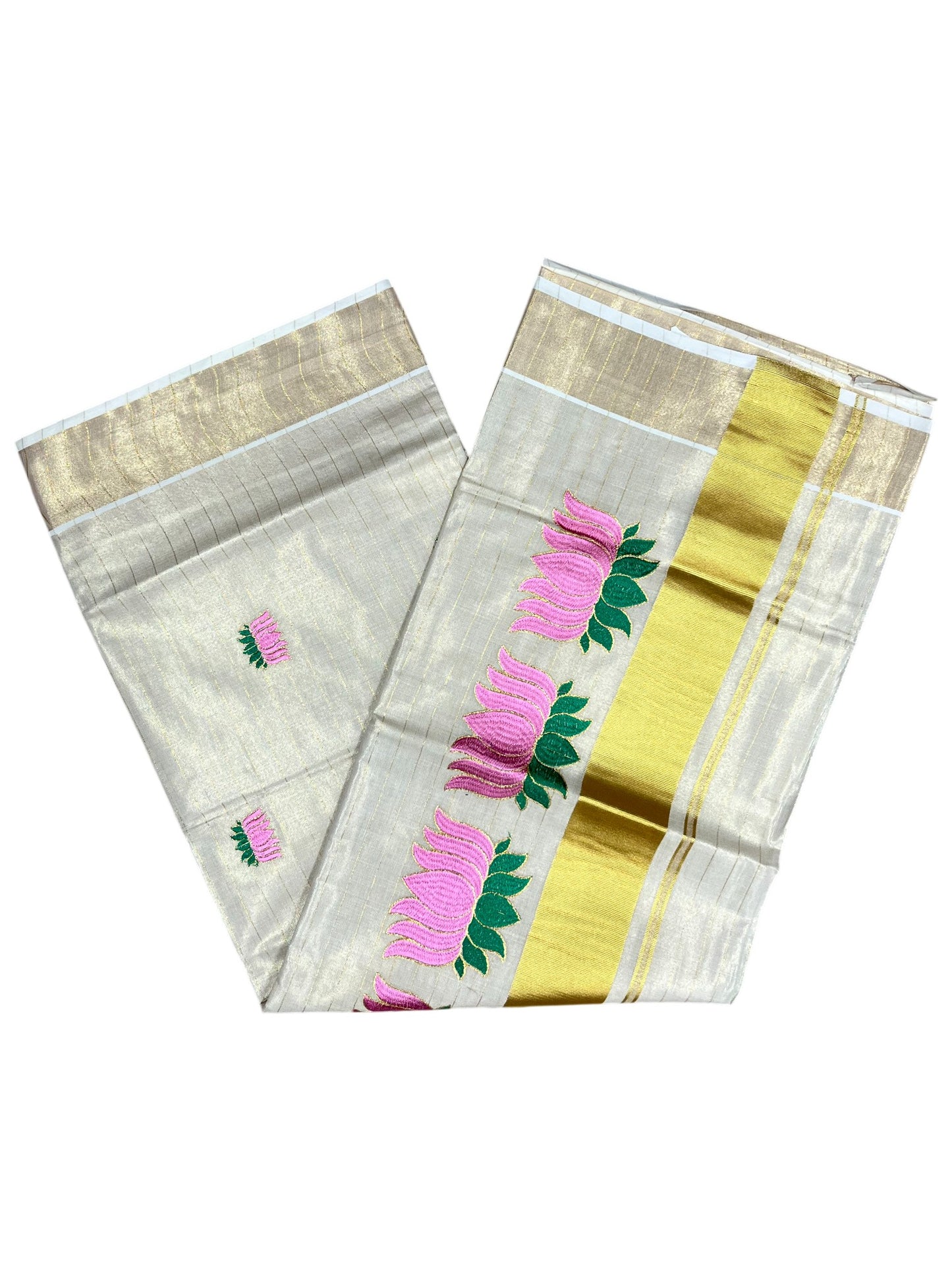 Southloom Kerala Tissue Lines Kasavu Saree with Pink And Green Lotus Embroidery Works SL289