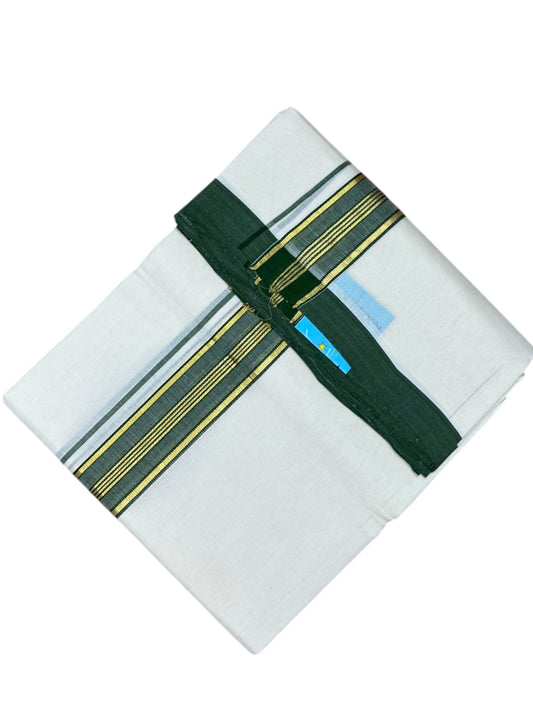Southloom Balaramapuram Premium Handloom Cotton Double Mundu with Gold Kasavu and Green Border