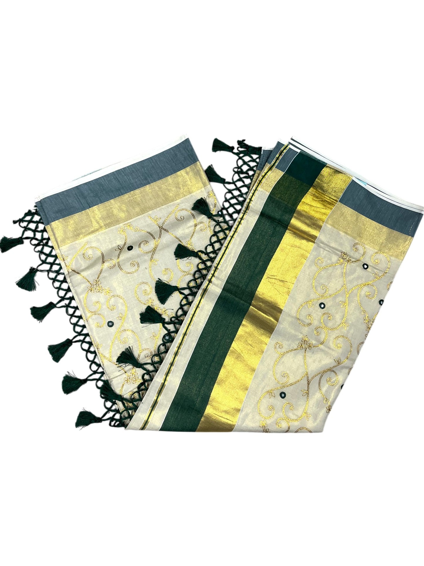 Kerala Tissue Kasavu Stripes Saree with Gold and Green Floral Embroidery Design on Body SL269